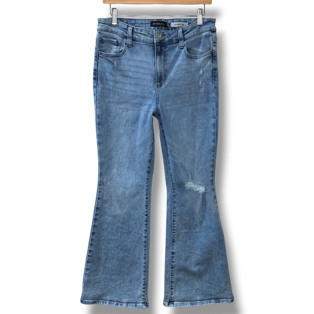 BCBGeneration High Rise Flare Distressed Jeans Medium Wash Blue Womens 11/30 Y2K